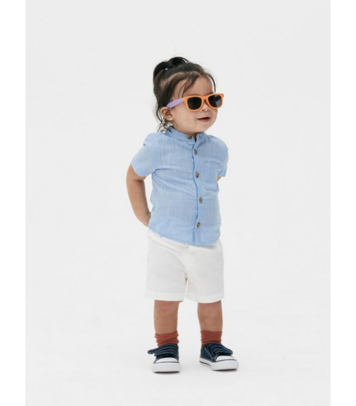 Cotton White Shorts with Light Blue Short-Sleeved Shirt - Image 3