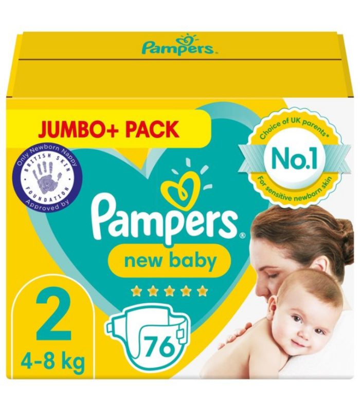 Pampers New Baby Nappies Size 2, Jumbo+ 76 Pack