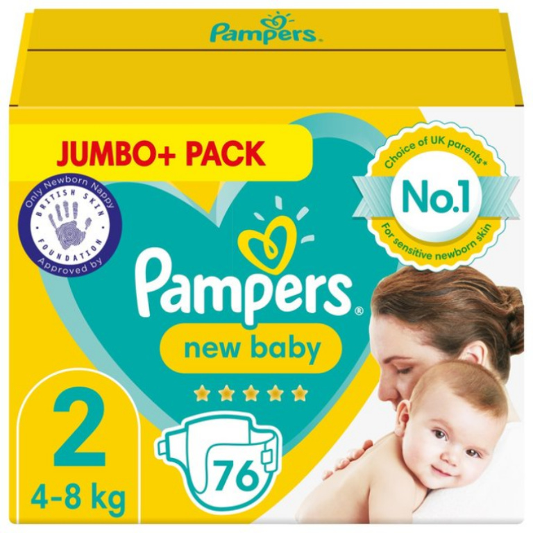 Pampers New Baby Nappies Size 2, Jumbo+ 76 Pack