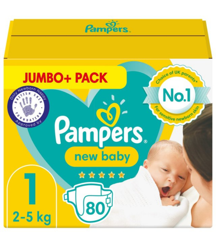 Pampers New Baby Nappies, Size 1 (2-5kg) Jumbo+ Pack 80 per pack