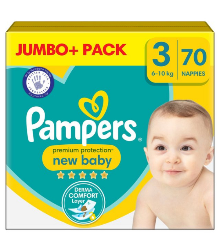 Pampers New Baby Nappies, Size 3 (6-10kg) Jumbo+ Pack 70 per pack