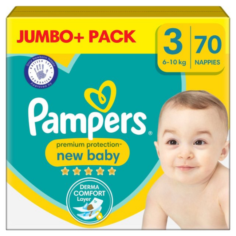 Pampers New Baby Nappies, Size 3 (6-10kg) Jumbo+ Pack 70 per pack