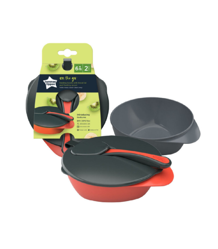 Tommee Tippee On The Go Feeding x2 Bowls with 1 Travel Lid and Feeding Spoon