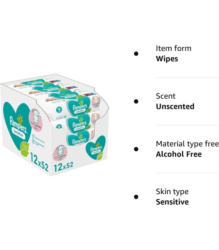 Pampers Sensitive Baby Wipes 12 Packs - Per Pack 52 Wipes - Image 4