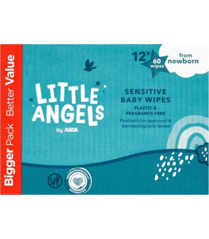 Little Angels Plastic Free, Fragrance Free Sensitive Wipes (12 x 60 Wipes)