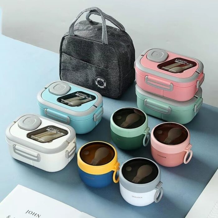 Lunch Box, Bag and Soup Cup with Cutlery Cutlery Set (Pink)