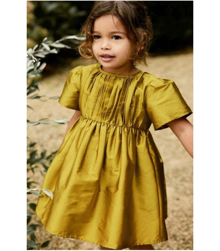 Olive Green Short-Sleeved Tafetta Dress - Image 2