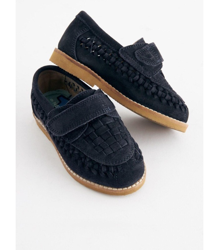 Navy Blue Leather Woven Loafers