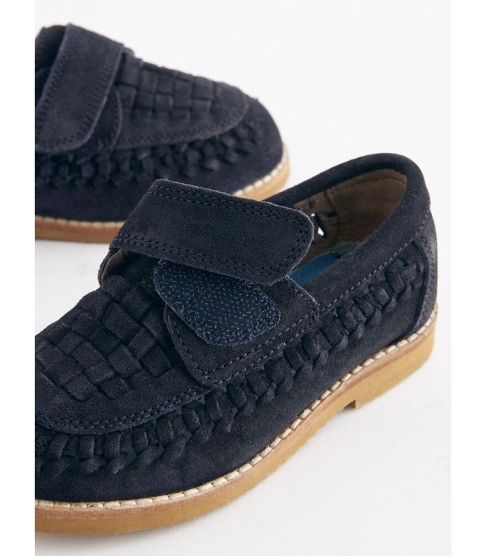 Navy Blue Leather Woven Loafers - Image 2