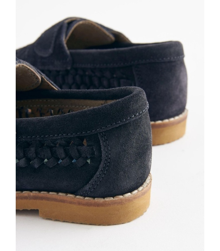 Navy Blue Leather Woven Loafers - Image 6