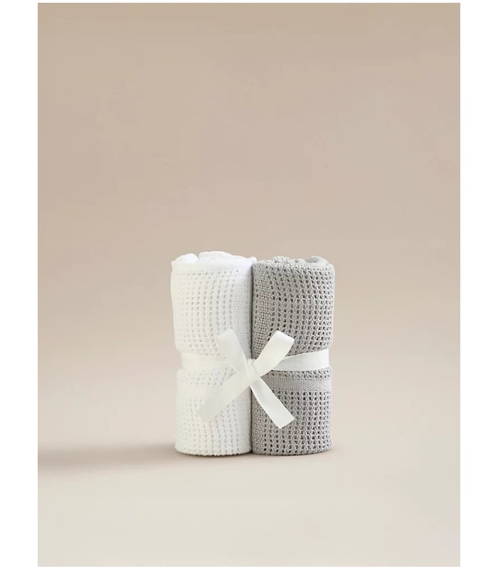 2pk White & Grey Cotton Cellular Blanket/Shawl