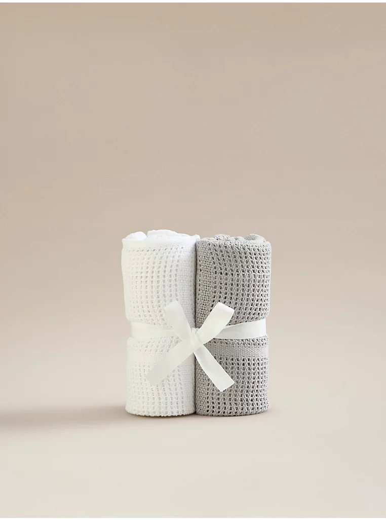 2025/11/169998.jpg 2pk White & Grey Cotton Cellular Blanket/Shawl - Image 1